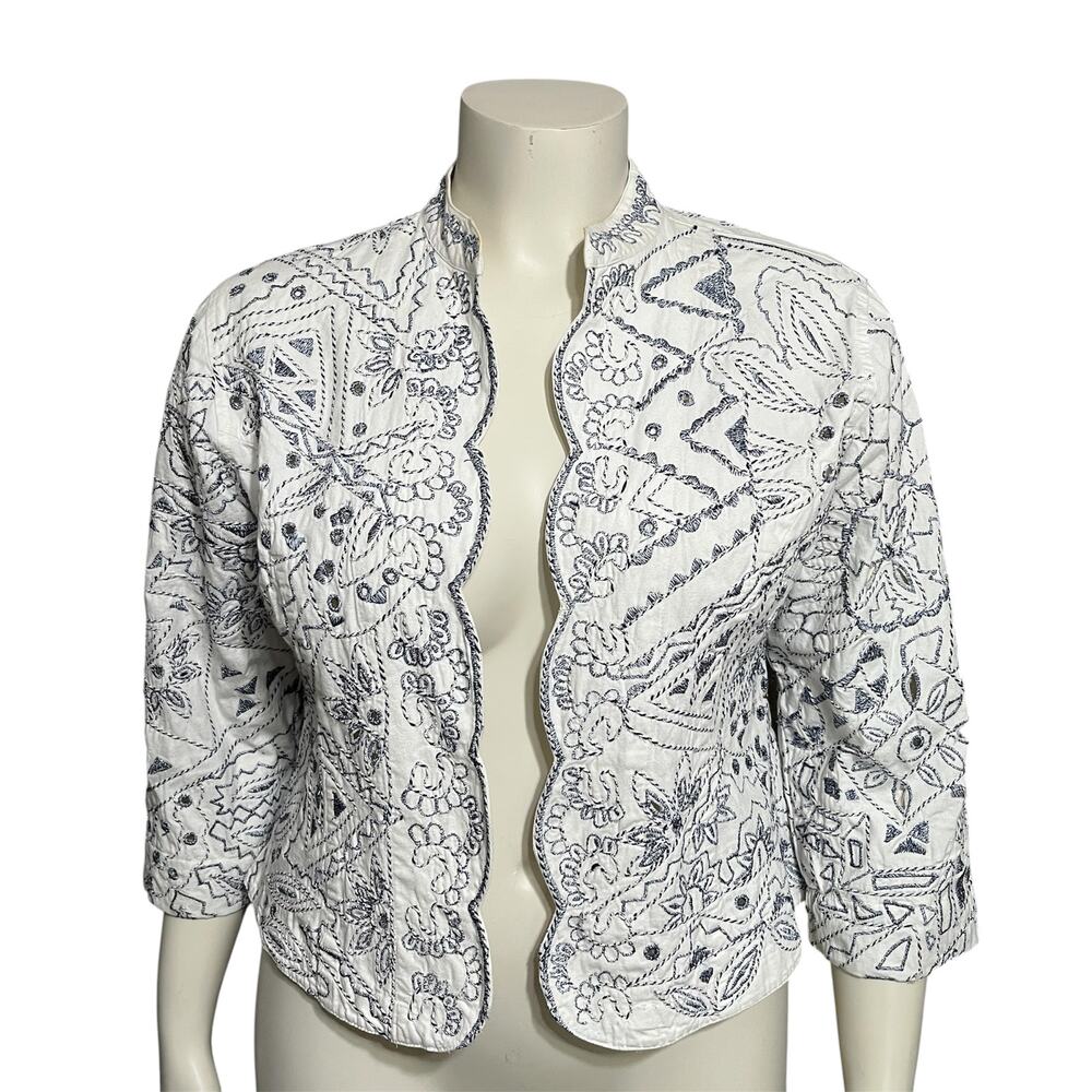 ⭐️Chicos Women’s Cotton Jacket Embroidered Eyelet Scalloped Edge Sz-2 Medium
